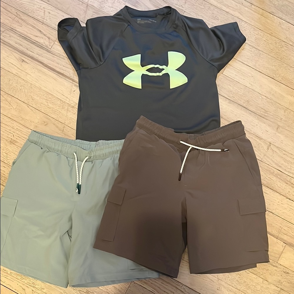 Under Armour Black T-Shirt with Neon Yellow Logo and Two Shorts